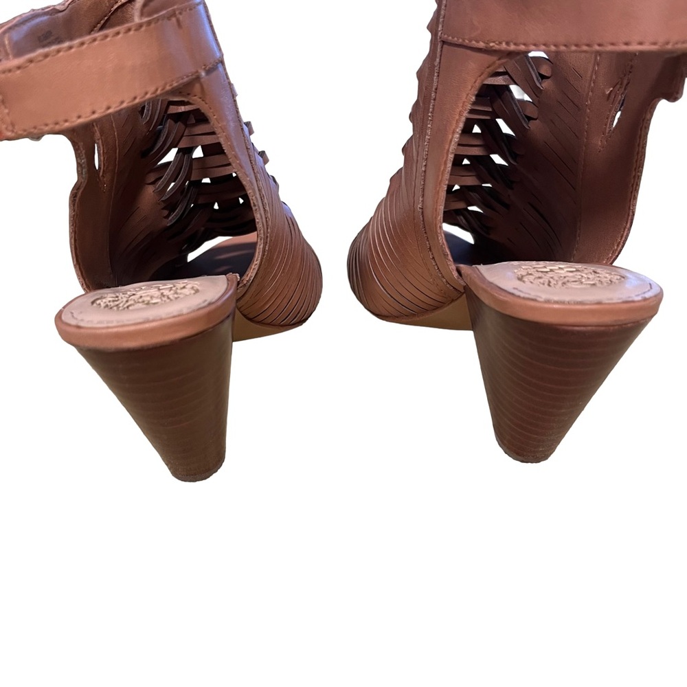 Vince Camuto Emore Brown Tan Leather Women Sz 6.5 Cage Heel Peep Booties EUC - Picture 3 of 9